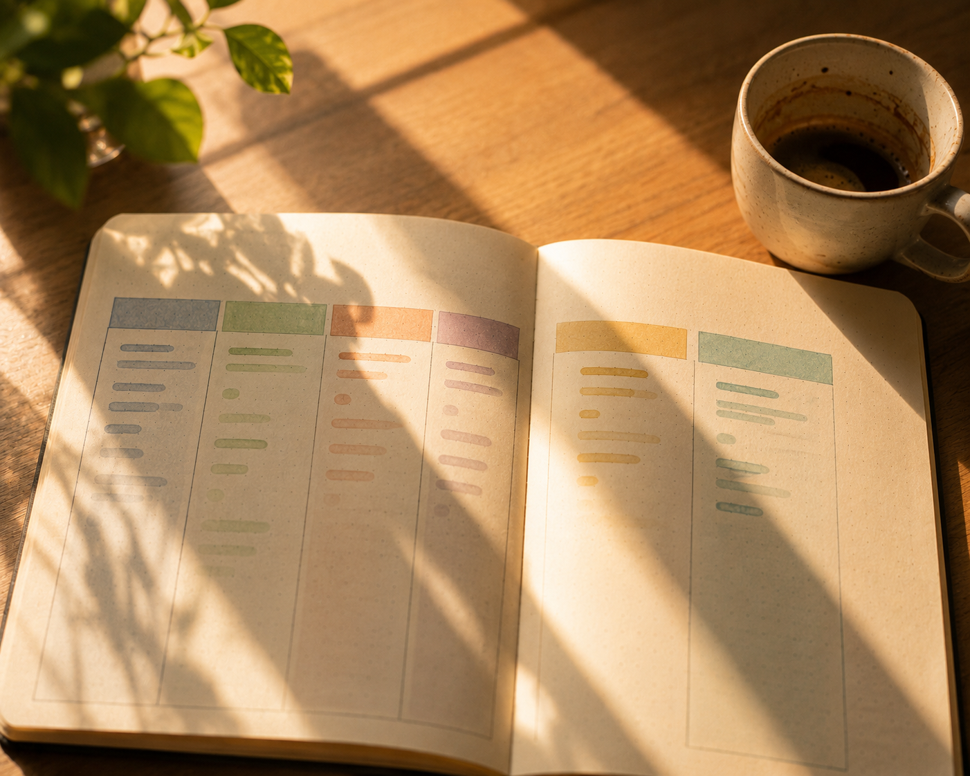 An open notebook with two new tracking columns on a table, a half-finished cup of coffee beside it in late-afternoon light.